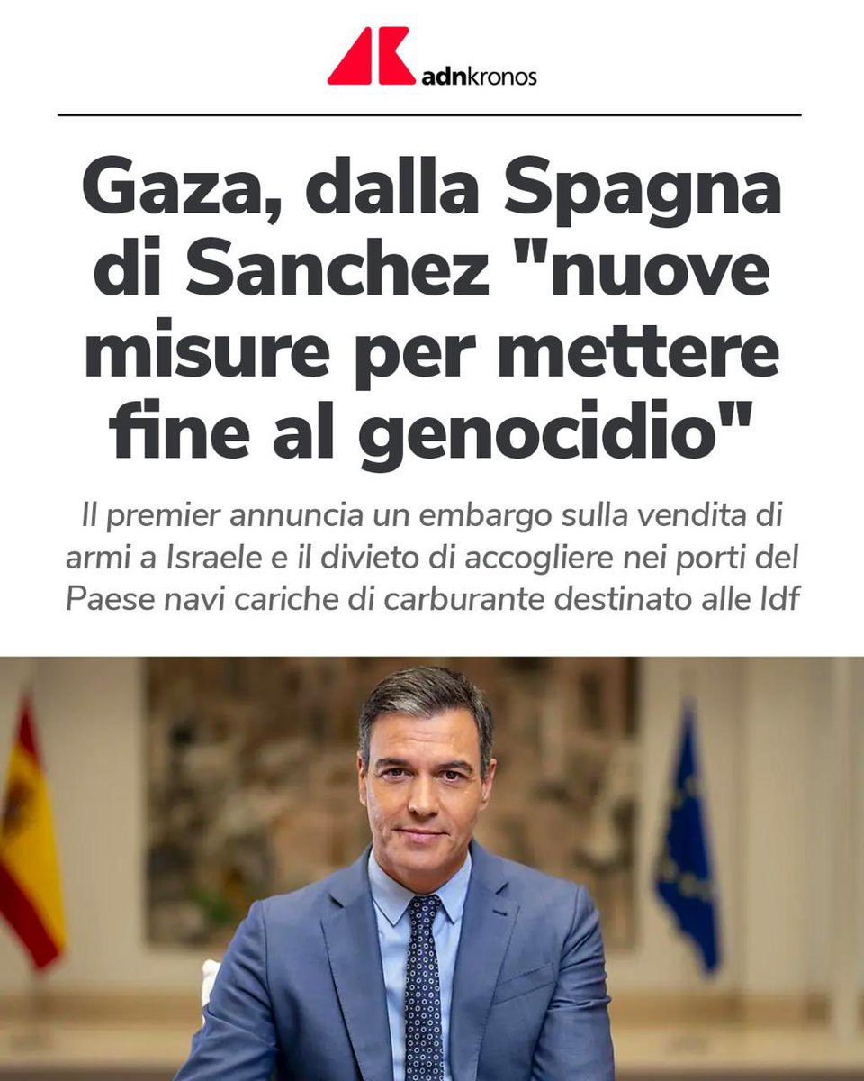Sanchez sta offrendo il suo contributo per tentare di fermare il genocidio a Gaza: ha annunciato misure per consolidare l'embargo di armi con Israele, il divieto di transito nei porti e nei cieli spagnoli di navi e aerei che trasportano combustibile e materiale di difesa
