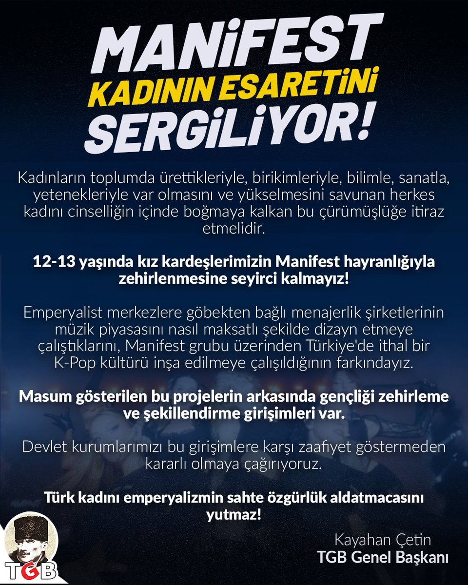 Türk kadını emperyalizmin sahte özgürlük aldatmacasını yutmaz!

Manifest isimli grubun yaptıkları kadınların cinsel obje haline getirildiği, kadınların esareti üzerine kurulmuş neoliberal ve yozlaşmış düzenin bir örneğidir.

Devlet kurumlarımızı bu girişimlere karşı kararlılıkla