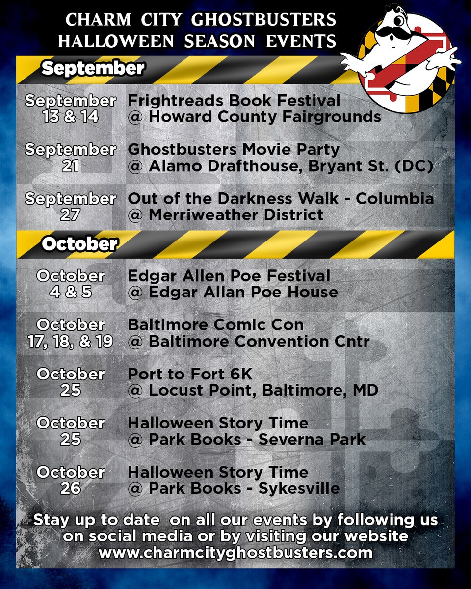 The trap is clean, the packs are charged, and we've mostly gotten the slime out of the Ecto-1. It's time for spooky season!

We have a ton of events coming up, and we want YOU to be there. Our full September/October schedule is below. Let's get spooky, Baltimore! 👻

Our first