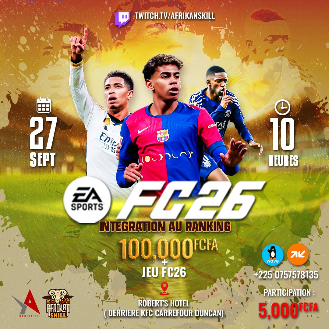 Announcement🚨
Hello Gamers🎮
To mark the release of the latest edition of EA Sports' most popular franchise🔥, <a href="/AfrikanSkill/">AfrikanSkill🇨🇮🎮</a>  and <a href="/addictive225/">Addict'ive</a>  are organizing an FC26 tournament⚽, with a prize pool of 100,000 francs and the FC26 game up for the winner🥳🏆