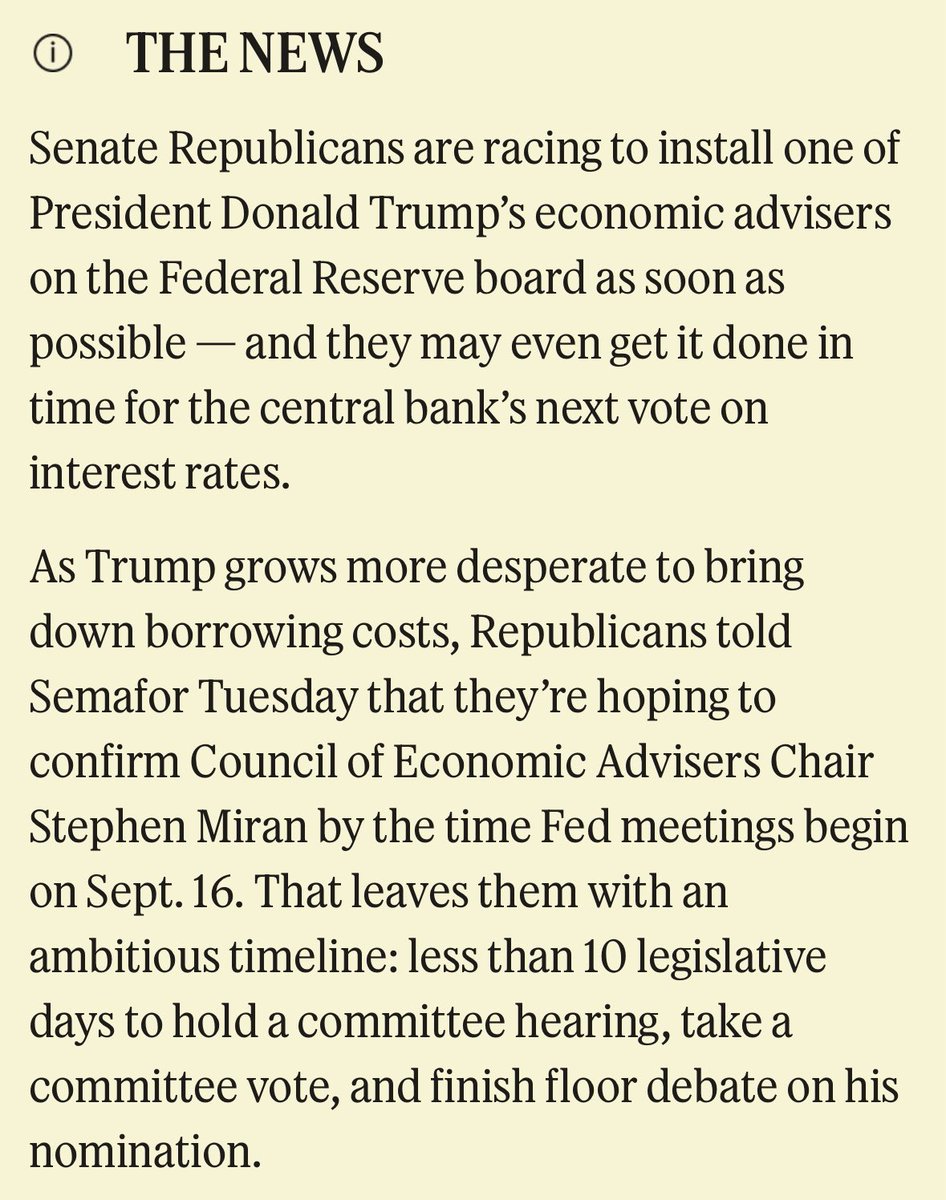 Elana Schor (@eschor) on Twitter photo As <a href="/Eleanor_Mueller/">Eleanor Mueller</a> <a href="/burgessev/">Burgess Everett</a> reported 6 days ago, they want Miran seated for the next Fed meeting — a week from tomorrow — and they’re moving as if they will get him there.
Lightning-fast for the Senate. As <a href="/Eleanor_Mueller/">Eleanor Mueller</a> <a href="/burgessev/">Burgess Everett</a> reported 6 days ago, they want Miran seated for the next Fed meeting — a week from tomorrow — and they’re moving as if they will get him there.
Lightning-fast for the Senate.
