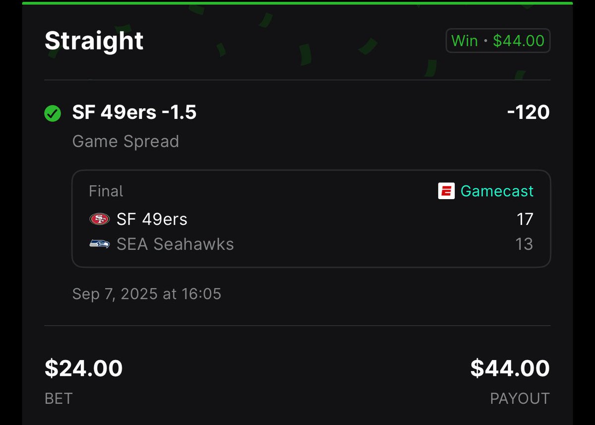 SteelMustafa412's tweet image. First NFL Sunday Recap 🔥

49ers -1.5 ✅
Olave o49.5 Rec Yds ✅
Jones o24.5 Rush Yds ✅
Franklin 40 Rec Yds (+350) ✅

Conner o66.5 Rush Yds 💩
(.5U) Franklin 50+/70+ ❌

Lose some more on various boosted lays but finish the day in green (a little more than +1.5U) 💰💰

Already…