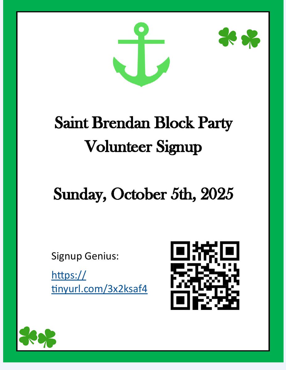 St. Brendan is looking for volunteers for their block party being held on October 5th. This can be used to get your MANDATORY service hours completed by the end of the school year!

Details of this sign-up are below in the flyer.