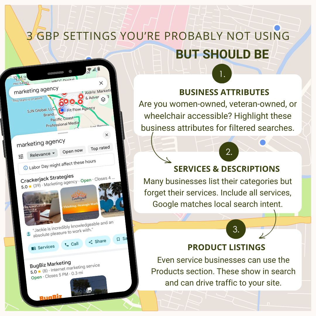 CrackerjackStr's tweet image. Are you missing out on local customers? 🚦  
These 3 simple Google Profile settings can boost your visibility!  

Curious what they are?  
Grab a Snapshot Report on our website and let’s chat!

#GoogleBusinessProfile #MapPackMatters #GBPVisibility #CrackerjackStrategies #LocalSEO
