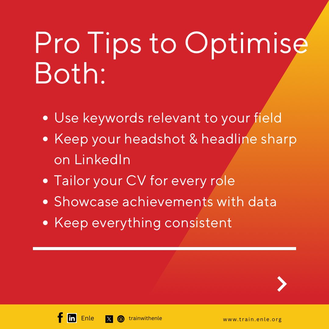 Your CV gets you noticed. Your LinkedIn gets you remembered. 👀
Both should work together to land you the role you want.
Here’s how to optimise both and impress recruiters! 🚀
#TrainWithEnle #CareerTips #JobSearch