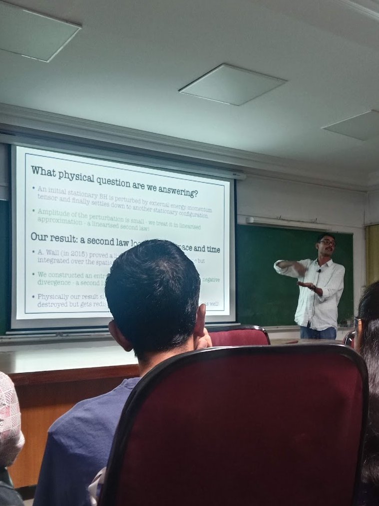 aayushayh's tweet image. Nilay Kundu giving a departmental colloquium on higher derivative corrections to GR and BH thermodynamics at IITK.