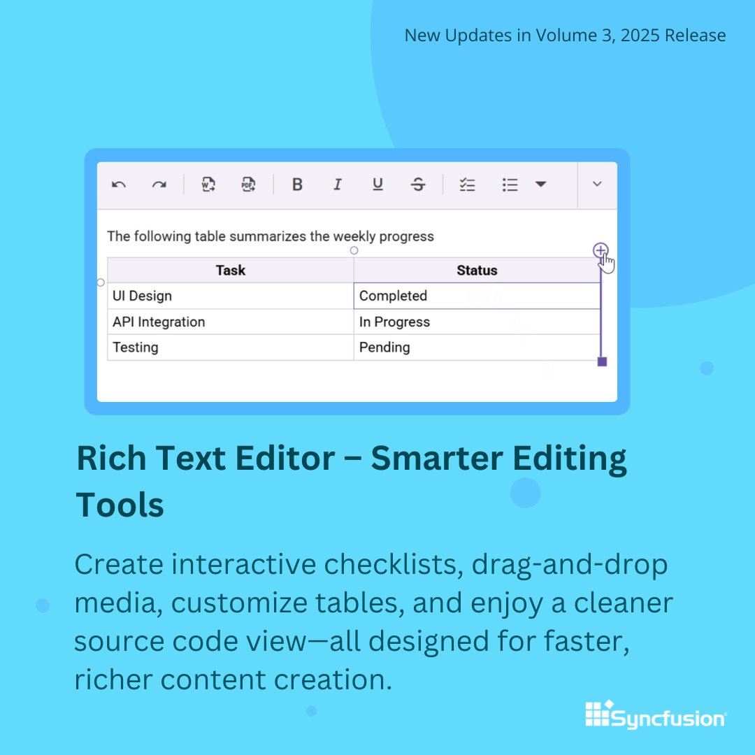 Syncfusion's tweet image. Smarter Editing with Rich Text Editor
Accelerate content creation with advanced features like interactive checklists, drag-and-drop media, customizable tables, and a cleaner source code view.
#RichTextEditor #TextEditor #WebDevelopement
(2/8)
