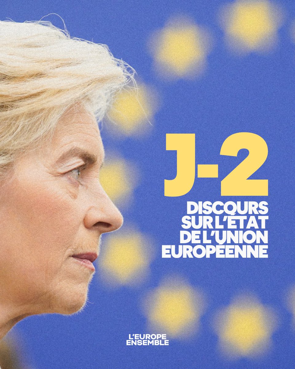 Dans 2 jours, la présidente de la Commission, Ursula von der Leyen, se tiendra devant les députés européens pour son discours sur l’état de l’Union 🇪🇺. 

Elle viendra rendre compte de son action depuis le début du mandat et présentera les mesures qu’elle souhaite porter à