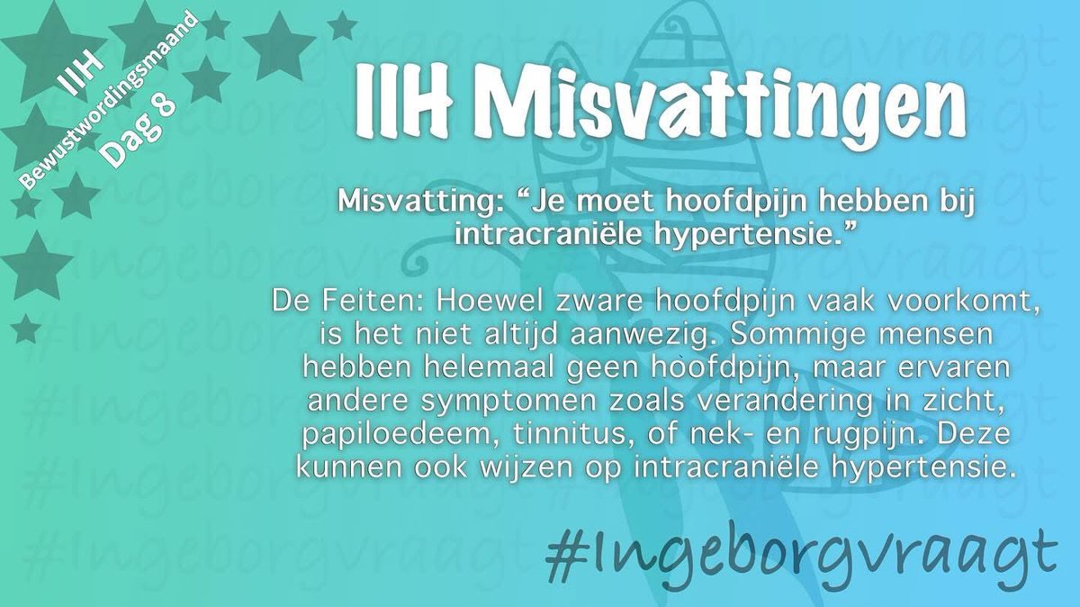 “Je moet hoofdpijn hebben bij intracraniële hypertensie.”

Hoewel zware hoofdpijn vaak voorkomt bij IIH, is het niet altijd aanwezig. Sommige mensen ervaren geen hoofdpijn, maar wel andere symptomen zoals veranderingen in zicht, papiloedeem, tinnitus, of nek- en rugpijn. #IIH