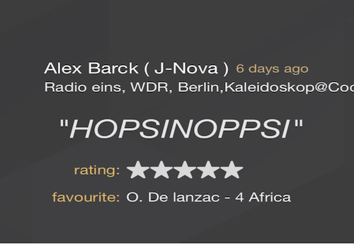 OdeLanzac's tweet photo. Great feedback  :)
for O. De Lanzac “ 4 Africa" _Atjazz Record Company
from Alex Barck. Danke !
#jazzanova #berlin #africa. #music https://t.co/eKvlpG5hya