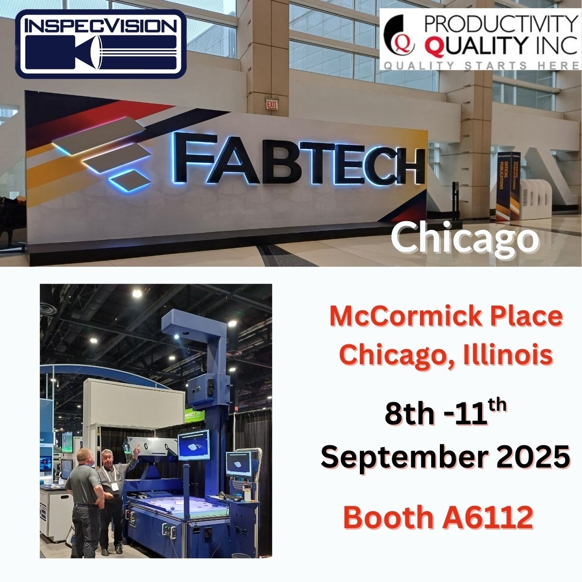 InspecVision's tweet image. All set for Day 1 @FABTECH Expo  in Chicago!

Visit us on booth A6112 for live demos of our 2D &amp;amp; 3D inspection system and find out more about high speed automated quality control for your sheet metal fabricated parts!

#fabtech2025 #metalfabrication #inspection