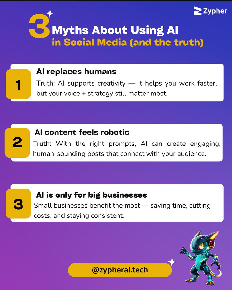 🚫 Myth: AI replaces humans in social media.
✅ Truth: AI saves you time + boosts consistency, 👉 but your voice + strategy matter most.

AI = support, not replacement.

#AI #SocialMediaMarketing #SmallBusinessTips #ZypherAI