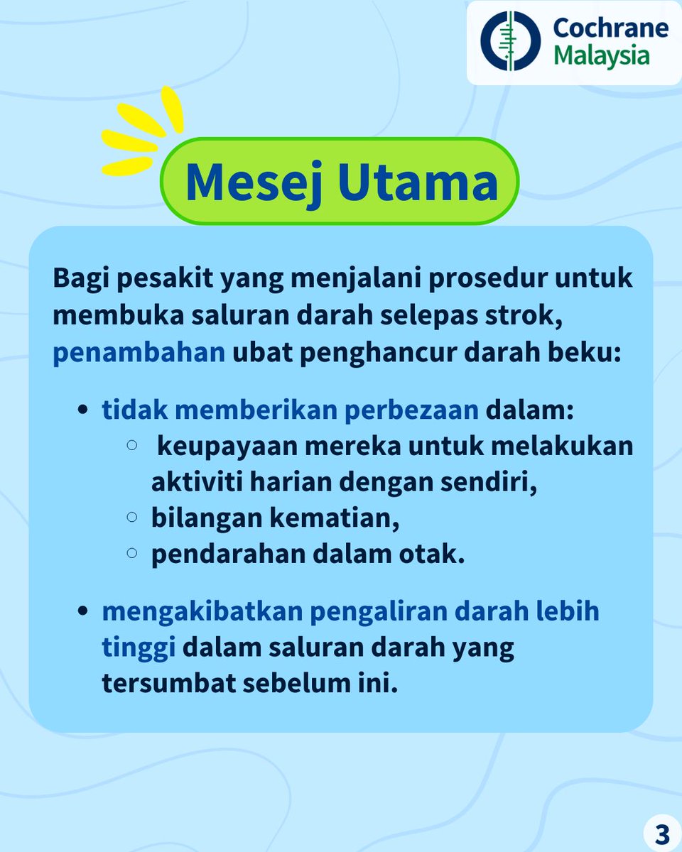 📜Bagi mereka yang menjalani prosedur untuk membuka saluran darah selepas strok iskemia, adakah penggunaan ubat penghancur darah beku lebih baik daripada tiada ubat penghancur darah beku?
📊Ulasan menyertakan 6 kajian dengan 2336 orang.
📌dub.sh/FkxIHgB
#CochraneMalaysia