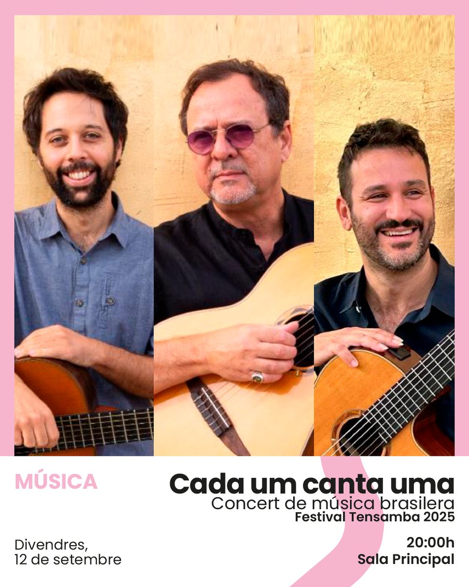 🪇 Començam la temporada amb ritme brasiler! 

Un concert que connecta 3⃣ territoris amb tres compositors i guitarristes: Márcio Faraco (Brasil), Hugo Arán (Catalunya) i Marco Oliveira (Portugal)

👉Dins la programació del Festival Tensamba 2025 <a href="/Tensamba/">Festival Tensamba</a> (Illes Canàries)