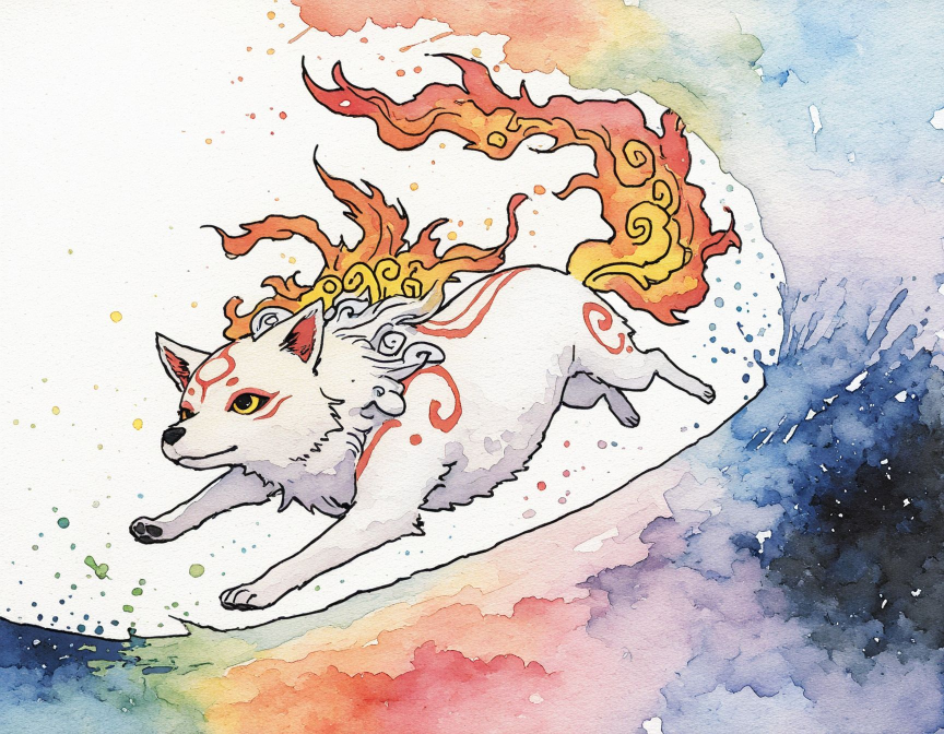 Unknowman_AI's tweet photo. #Okami #Amaterasu #Fanart #Watercolor #CelestialWolf https://t.co/a1c0WA6MsO