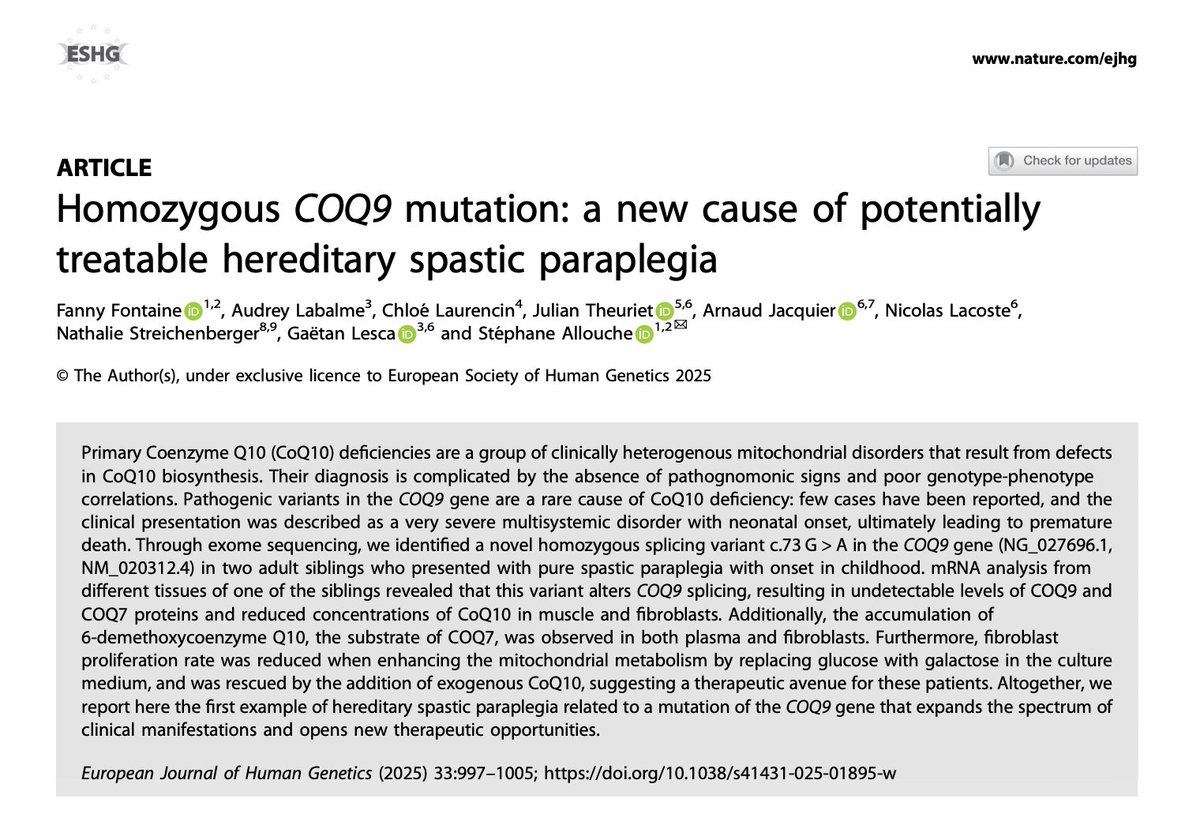 ejhg_journal's tweet image. Welcome to this month’s #EJHG #JournalClub! This month, we’re discussing: &apos;Homozygous COQ9 mutation: a new cause of potentially treatable hereditary spastic paraplegia&apos; from the August issue! 
nature.com/articles/s4143…
