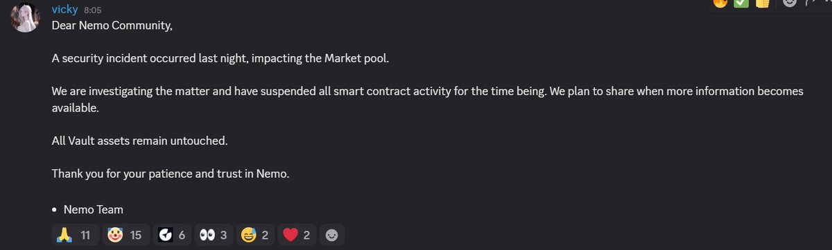 Fosky68's tweet image. 🚨Hackeo en NEMO🚨
Ha sufrido un exploit de 2,4M $USD en #NemoProtocol 

En un primer momento dijeron que estaban haciendo un upgrade. Pero luego se descubrió que se habían llevado 2,4M . De hecho, el hacker ha llevado los $USDC desde Arbitrum a Ethereum.

Poco después el equipo…