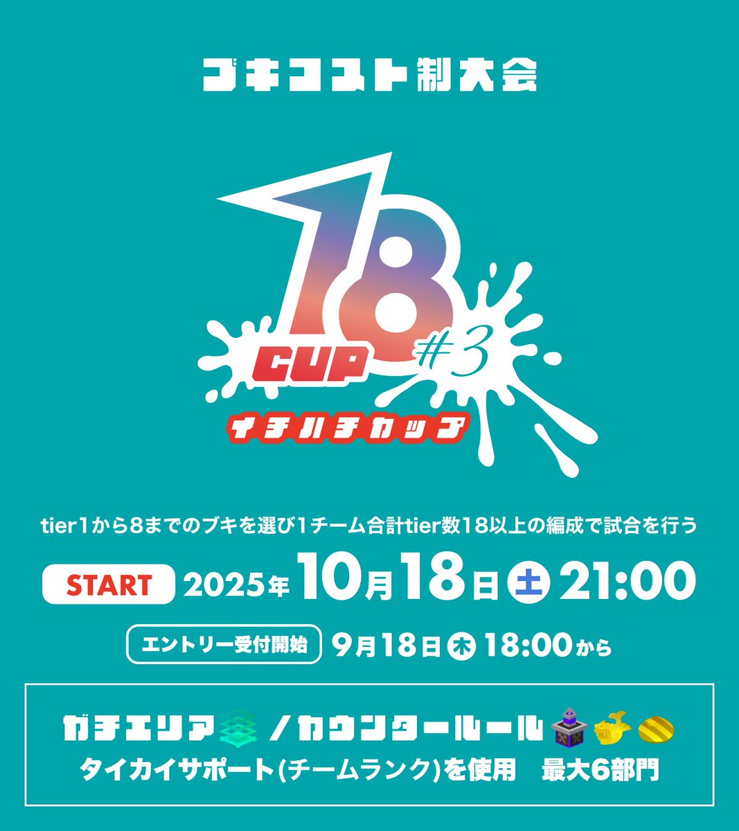 18CUP_'s tweet image. ブキコスト制大会 18CUP(イチハチカップ)#3
大会環境におけるブキ使用率によって8段階に分けられたtierをコストとして、合計コストが18になるように編成を組む
詳細はイカナカマをご覧ください！
ikanakama.ink/events/18811