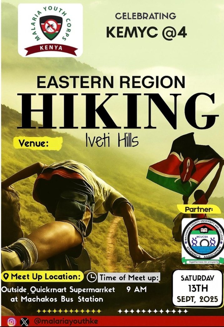 We’re marking four years of impact and you’re invited to celebrate with us. The KEMYC <a href="/4/">w</a> Eastern Region team is heading out for a hike at Iveti Hills!
Let's meet outside Quickmart at Machakos Bus Station at 9 AM on Saturday 13th Sept 2025.
Come ready to hike #ZeroMalariaYouthKE