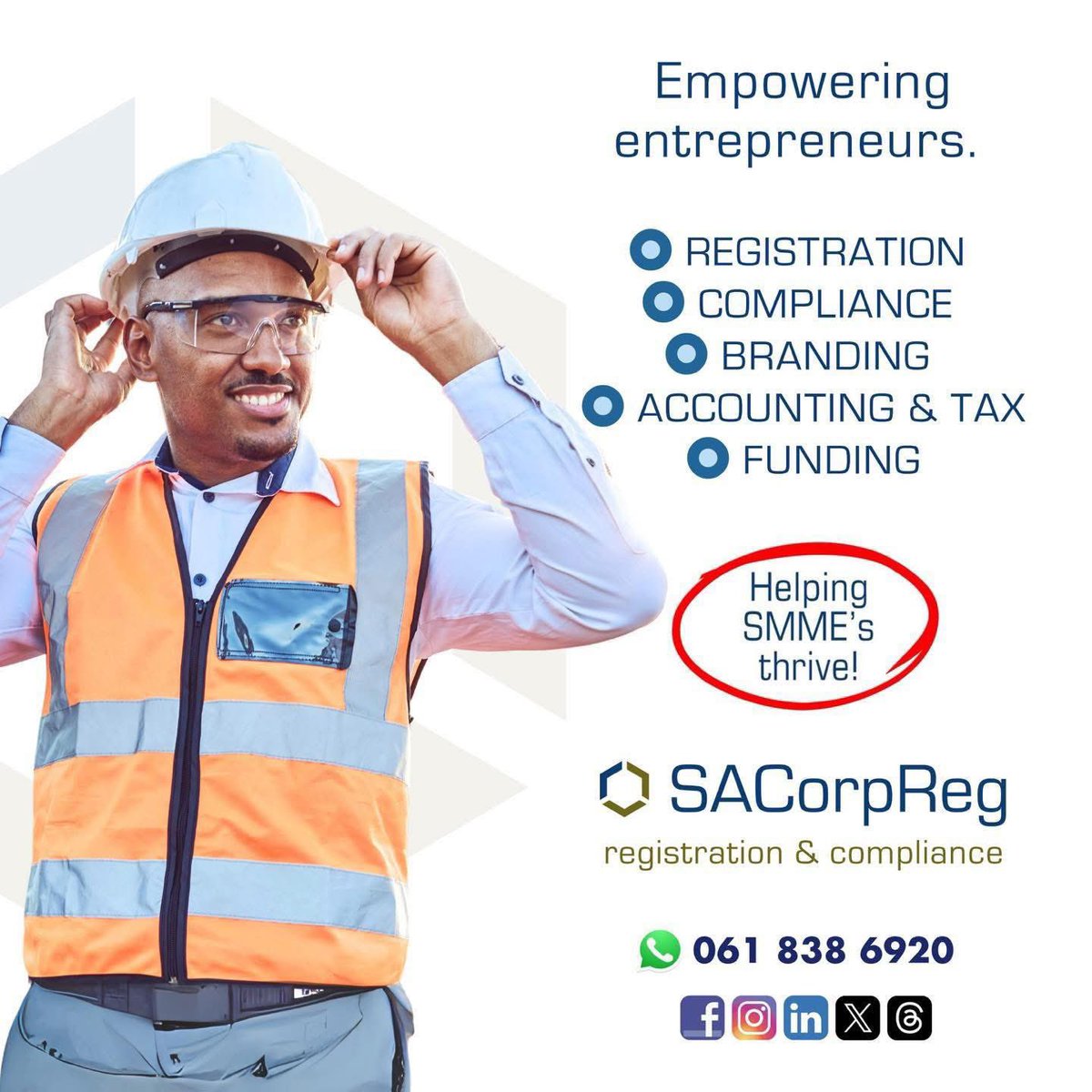 SACorpReg's tweet photo. Empowering entrepreneurs. 

🔘 REGISTRATION 
🔘 COMPLIANCE 
🔘 BRANDING 
🔘 ACCOUNTING &amp; TAX 
🔘 FUNDING

WhatsApp us now for a consultation 
061 838 6920

https://t.co/YDBpr02ZQi 

#SACorpReg #CorporateRegistrations #BusinessRegistrations #BusinessPlan #AilbheanBrandAgency https://t.co/yBq9RskjUf