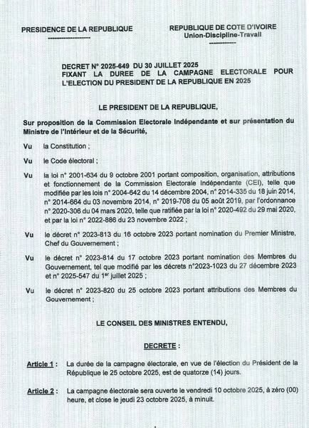 Monafrique8's tweet photo. Présidentielle 2025 

 Président @AOuattara_PRCI   convoque, par décret, le collège électoral et fixe la durée de la campagne. https://t.co/9kSR1oTTJE