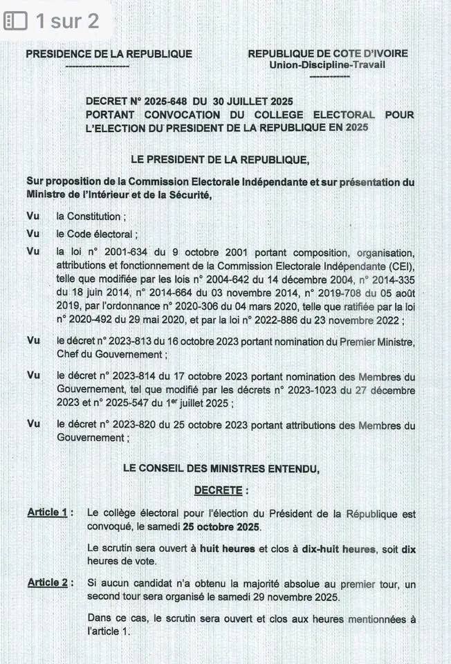 Monafrique8's tweet photo. Présidentielle 2025 

 Président @AOuattara_PRCI   convoque, par décret, le collège électoral et fixe la durée de la campagne. https://t.co/9kSR1oTTJE