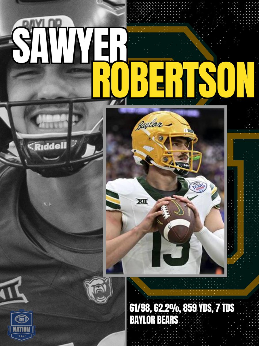 TheCFBNation's tweet photo. Baylor QB Sawyer Robertson Leads All P4 QBs In Passing Yds & TDs Through Week 2๏ธโฃ:
๐น๏ธ859 Passing Yds
๐น๏ธ7 Passing TDs
#GoCFB #CollegeFootball #Bayor #BigXII #SicEm https://t.co/SHJfMioLKQ