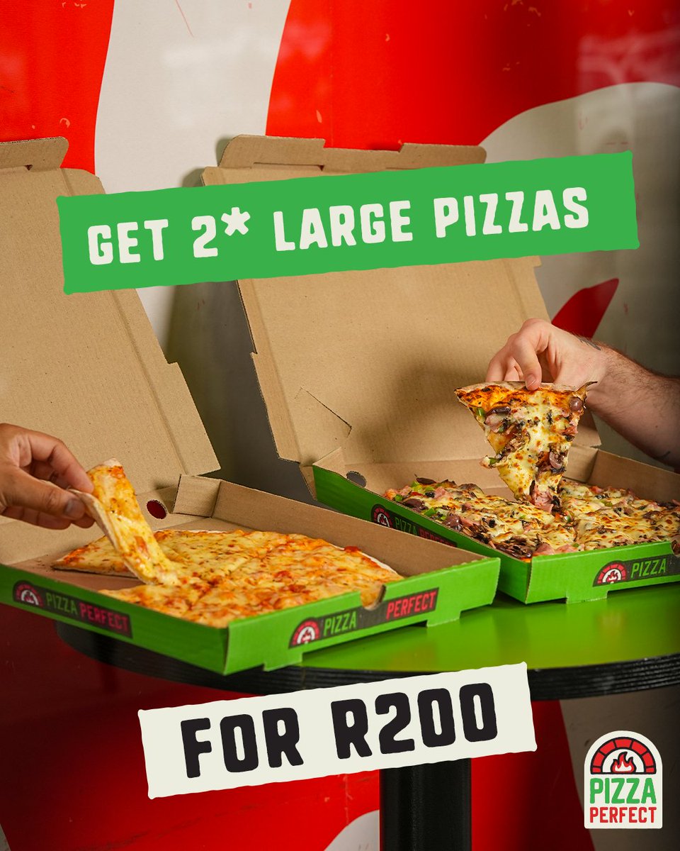 PizzaPerfectza's tweet image. Sink your teeth into not 1, but 2 selected Large Pizzas for only R200 at #PizzaPerfect 🍕😋

Head on down to you nearest Pizza Perfect and enjoy all your favourites 😍

Ts &amp;amp; Cs Apply | Available from 17 September - 22 October