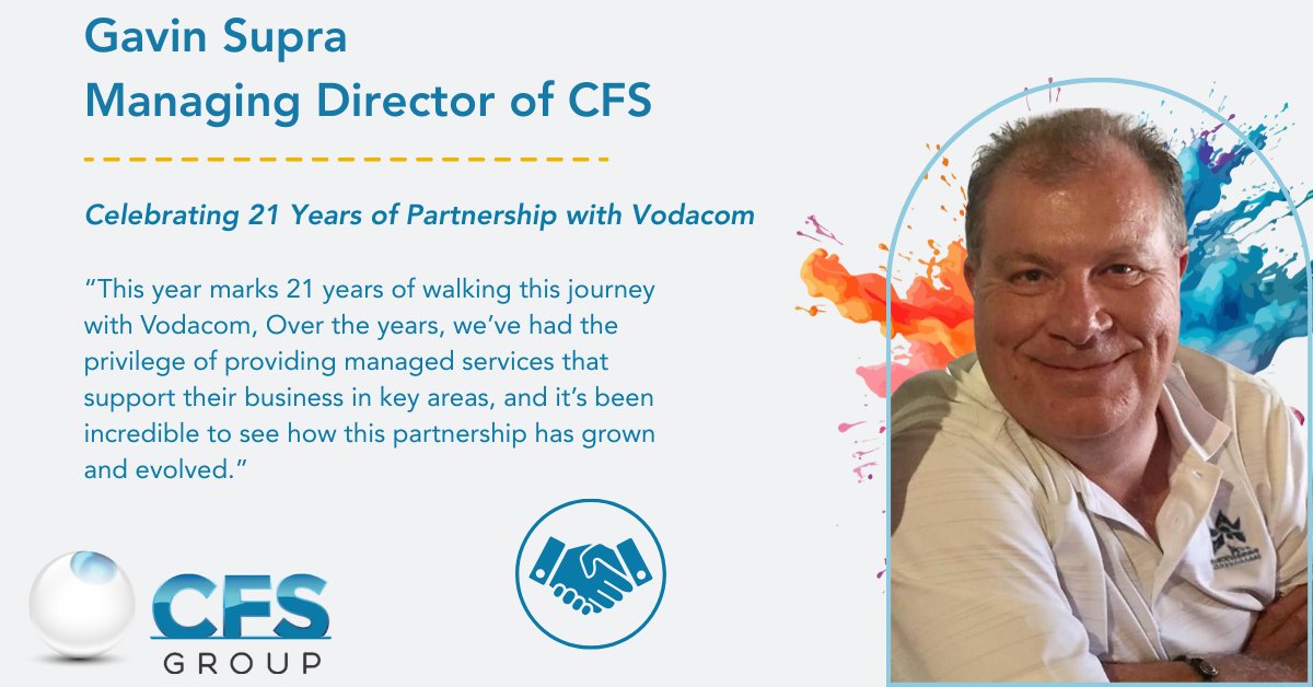 cfs_software's tweet image. Celebrating 21 years with Vodacom! 
Trust, innovation &amp;amp; collaboration have driven this journey. Proud to support their success every step of the way.#CFS #Vodacom #ManagedServices #21YearsStrong #Partnership