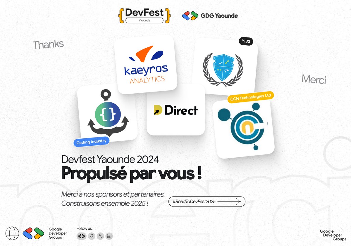 🚀 DevFest Yaoundé 2024 fut un succès grâce à vous les sponsors 🙌: <a href="/Kaeyros237/">Kaeyros Analytics Cameroun</a> ,  Coding Industry, YIBS, Direct &amp; <a href="/ccntechnologies/">CCNTechnologies</a> 
👉 2025 arrive, rejoins l’aventure dès maintenant !
🔗 gdg.community.dev/events/details…

#DevFest #DevFestYaounde2025 #GDGYaounde