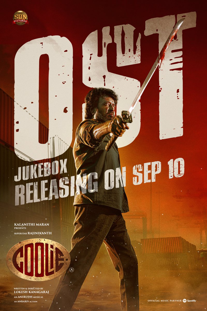 Sun Pictures (@sunpictures) on Twitter photo Malaigal odhungatumey!🌟😎 #Coolie OST Jukebox releasing on Sep 10💥
<a href="/rajinikanth/">Rajinikanth</a> <a href="/Dir_Lokesh/">Lokesh Kanagaraj</a> <a href="/anirudhofficial/">Anirudh Ravichander</a> #AamirKhan <a href="/iamnagarjuna/">Nagarjuna Akkineni</a> <a href="/nimmaupendra/">Upendra</a> #SathyaRaj #SoubinShahir <a href="/shrutihaasan/">shruti haasan</a> <a href="/hegdepooja/">Pooja Hegde</a> <a href="/Reba_Monica/">Reba Monica John</a> <a href="/monishablessyb/">Monisha Blessy</a> <a href="/anbariv/">AnbAriv</a> <a href="/girishganges/">Girish Gangadharan</a> <a href="/philoedit/">Philomin Raj</a> <a href="/ArtSathees/">Satheeskumar Artdirector</a> Malaigal odhungatumey!🌟😎 #Coolie OST Jukebox releasing on Sep 10💥
<a href="/rajinikanth/">Rajinikanth</a> <a href="/Dir_Lokesh/">Lokesh Kanagaraj</a> <a href="/anirudhofficial/">Anirudh Ravichander</a> #AamirKhan <a href="/iamnagarjuna/">Nagarjuna Akkineni</a> <a href="/nimmaupendra/">Upendra</a> #SathyaRaj #SoubinShahir <a href="/shrutihaasan/">shruti haasan</a> <a href="/hegdepooja/">Pooja Hegde</a> <a href="/Reba_Monica/">Reba Monica John</a> <a href="/monishablessyb/">Monisha Blessy</a> <a href="/anbariv/">AnbAriv</a> <a href="/girishganges/">Girish Gangadharan</a> <a href="/philoedit/">Philomin Raj</a> <a href="/ArtSathees/">Satheeskumar Artdirector</a>