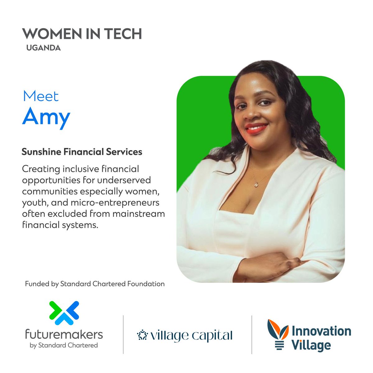 Meet Amy, co-founder of Sunshine Financial Services. She’s driving financial inclusion for underserved communities, especially women &amp; youth.

#WomenInTechUg #HereForGood <a href="/TheVillageUg/">The Innovation Village</a>