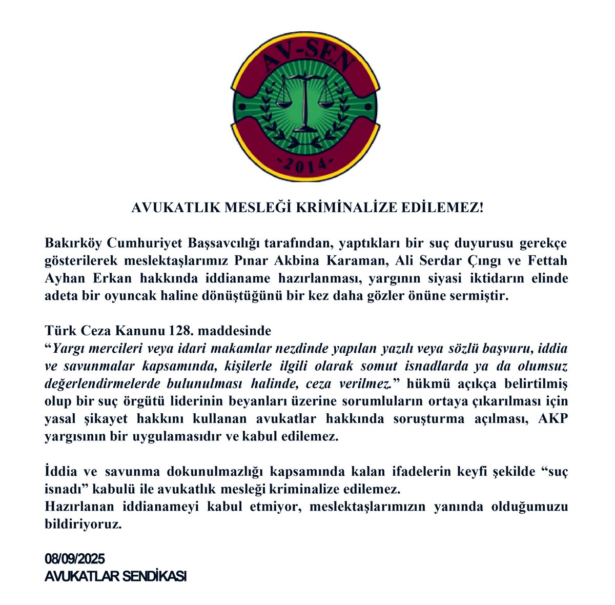 Avukatlık mesleği kriminalize edilemez!

Meslektaşlarımız Pınar Akbina Karaman, Ali Serdar Çıngı ve Fettah Ayhan Erkan
hakkında hazırlanan iddianameyi kabul etmiyor, meslektaşlarımızın yanında olduğumuzu bildiriyoruz.