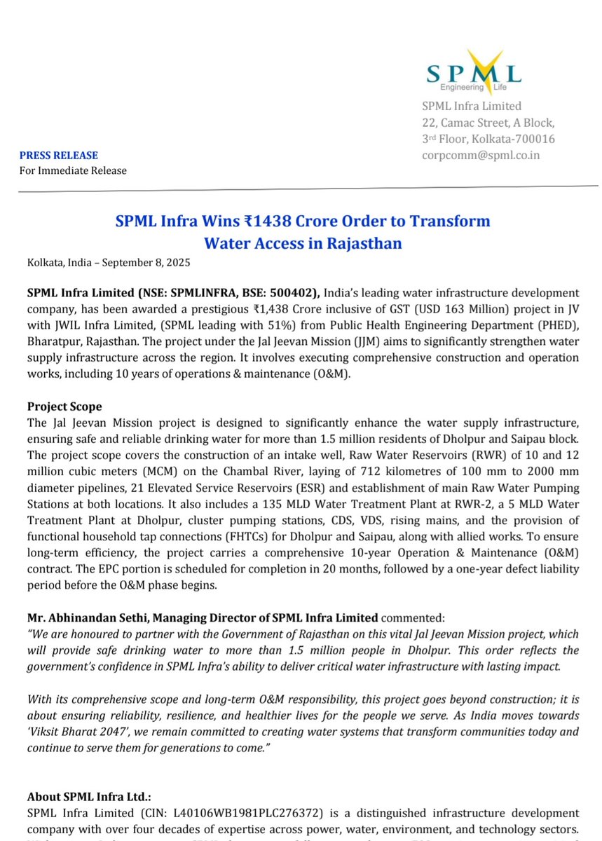 tejas485585's tweet image. 🚰 #SPML Infra bags ₹1438 Cr mega order under Jal Jeevan Mission to deliver 1.5M tap connections 💧, 246 MLD water treatment 💦, 4,800 km pipelines 🛠️, and 10-year O&amp;amp;M 🧰 across Rajasthan’s 10 districts 🇮🇳.
#stockmarketsindia