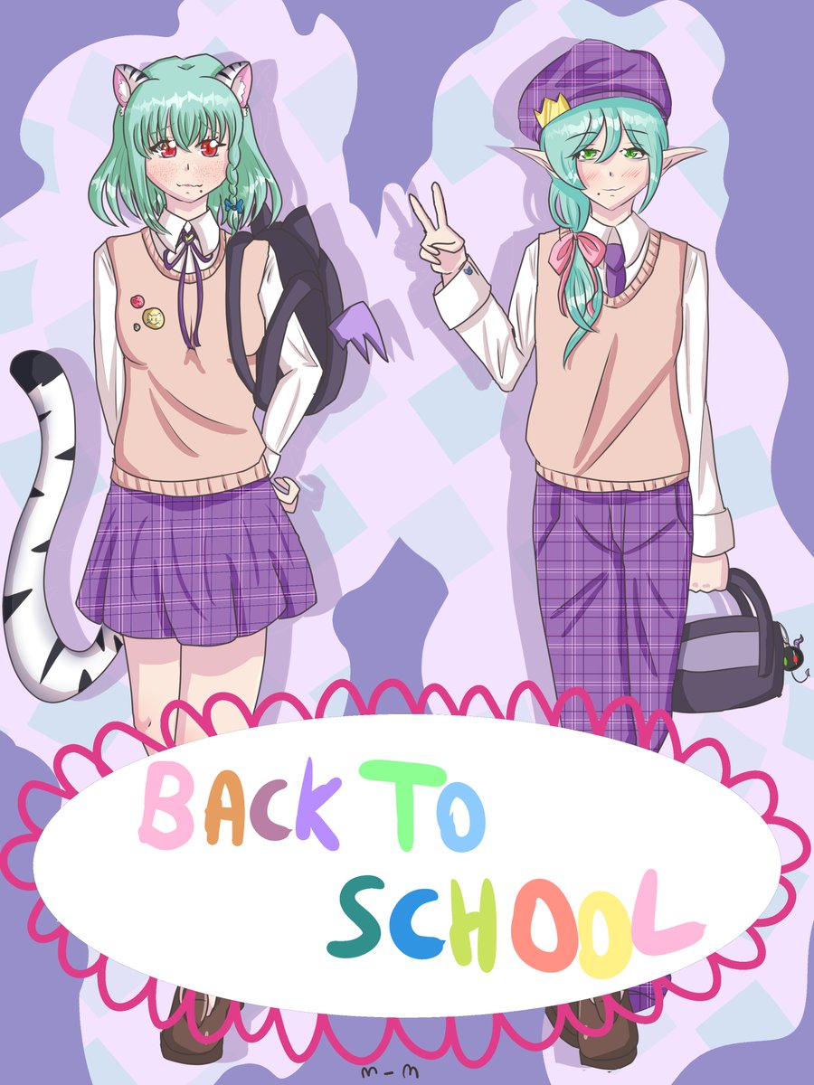 MewMalaurie's tweet photo. Mew et Aoi en mode back to school ! Sketch réalisé en Septembre 2024. Les sacs font réf à de vieux OCs 👀 https://t.co/xRoGdcir5K