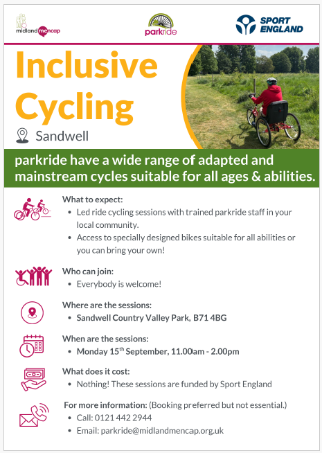 walkandcycle's tweet photo. Parkride is a great opportunity to participate in inclusive cycling sessions with trained staff and specially designed bikes for all abilities.

Take part free of charge at Sandwell Valley on 15th September! #parkride #inclusivecycling https://t.co/LQAJtatktz