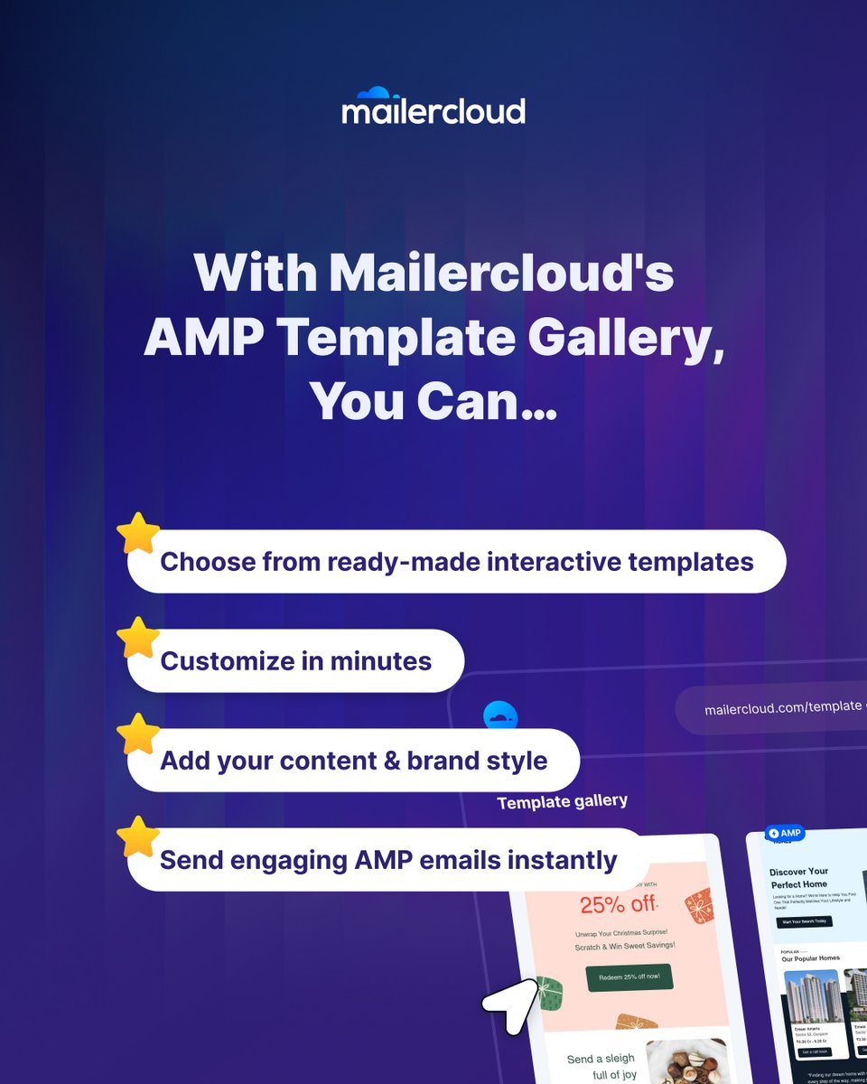 mailercloud's tweet image. The future of email isn’t about spending hours designing.
With mailercloud’s AMP Template Gallery, you can create interactive, ready-to-send campaigns in just 5 minutes.

💡 Faster emails. Smarter engagement.
