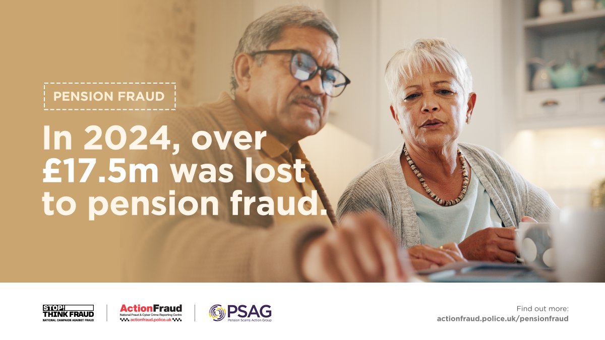⚠️Don’t let fraudsters enjoy your retirement.

Over £17.5 million was lost to pension fraud last year, equating to roughly £48,000 per day in 2024.

🔗Read here how to #ProtectYourPension:
actionfraud.police.uk/news/pensionfr…