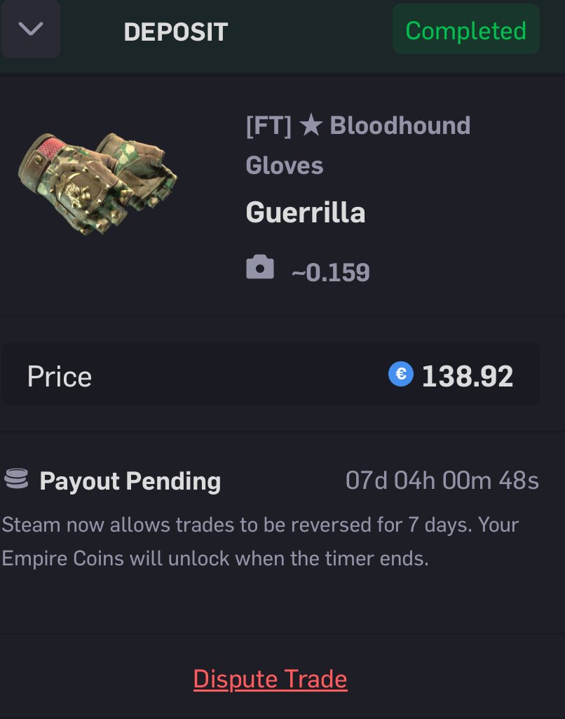 perkstrike2's tweet image. Another one Guerrilla Field tested Gloves bought for 139,90$ (91,71€ real money)

Sold today for 138,92€ real cash 

ROI 151,48% in just 7 days!! 

#cs2 #cstrading #counterstrike2 #counterstrike