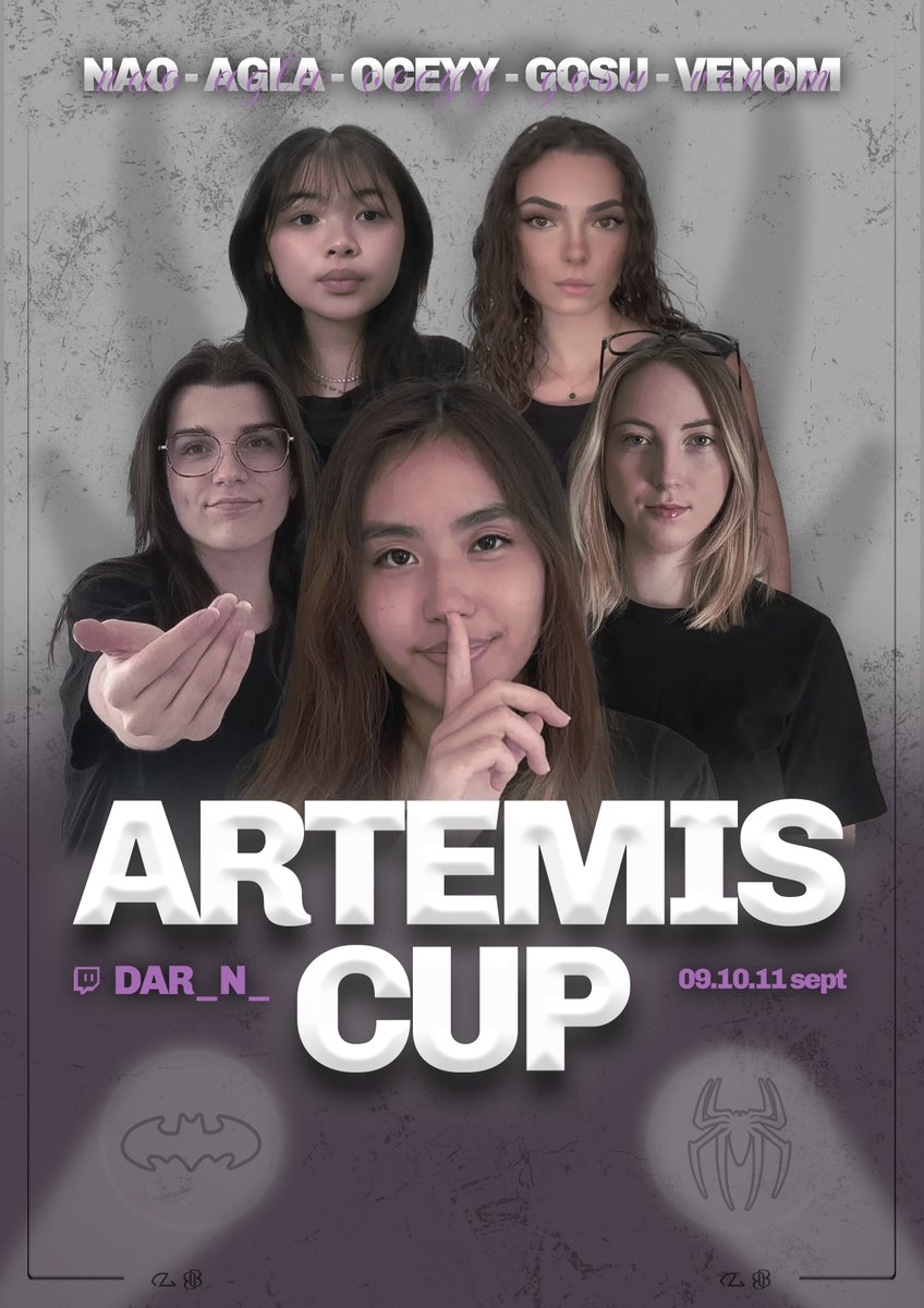Nous participerons cette semaine à la Artemis Cup <a href="/ArtemisFRB/">Artemis Cup</a> ! 🏆

<a href="/naovlr/">hiyori</a>
<a href="/Aglaonde/">Agla</a>
<a href="/oceyyt/">oceyy</a>
@gosuuu__
<a href="/VenomVLR/">venom</a>

Comme promis, vous aurez le droit à un cast particulier pour cette édition, on vous donne donc RDV demain 18h30 : twitch.tv/dar_n_

#MFZONTOP 💜🖤