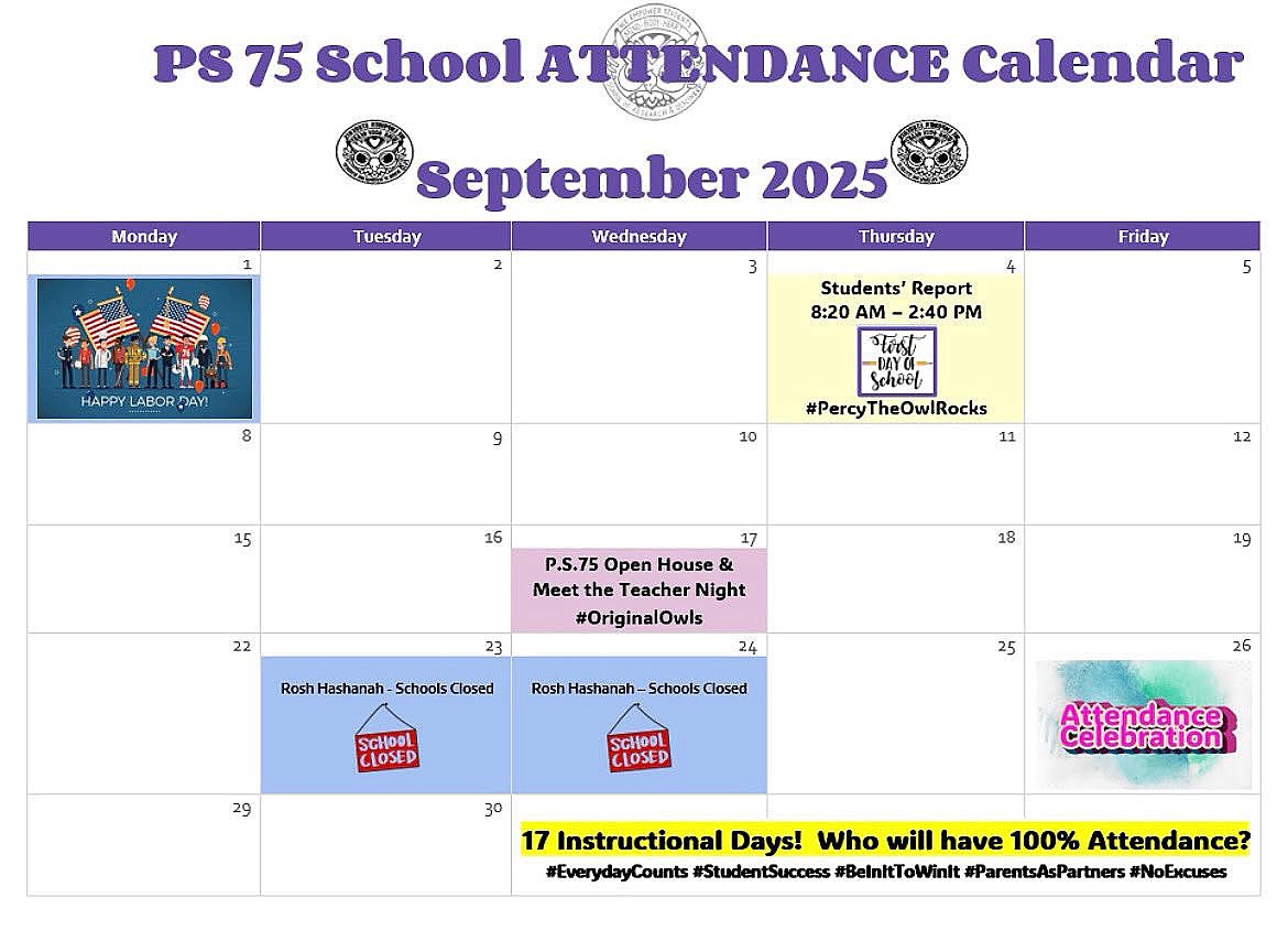 TheraErickson's tweet photo. ‼️Be at school EVERYDAY in September‼️ We have plenty of days off. #AttendanceMatters 🗓️ #StudentSuccess 🥰 #ParentsAsParents ‼️ #EverydayCounts #OriginalOwls 🦉 @nycschools @D8Connect https://t.co/tQbvrcaDfp