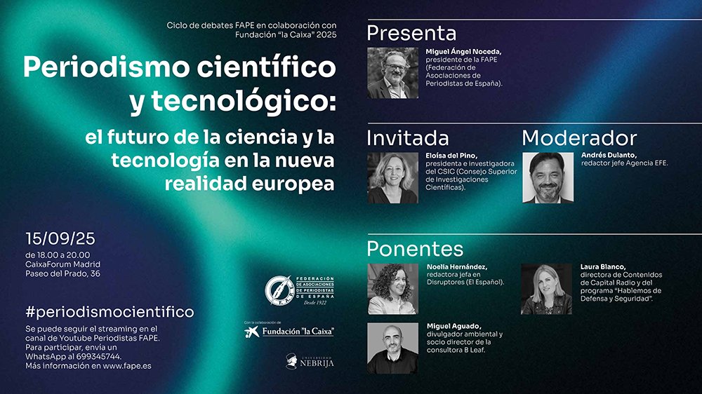 📰“Periodismo científico y tecnológico: el futuro de la ciencia y la tecnología en la nueva realidad europea”
📅15/09, a las 18h, en <a href="/CaixaForum/">CaixaForum</a> 
🗣️Con <a href="/delPinoE/">Eloísa del Pino</a> <a href="/AdsDulantoScott/">Andrés Dulanto Scott 🇪🇸 ⛹🏻 ⚖️ 🤔💪</a> <a href="/NoeliaHn/">Noelia Hernández Nieto</a> <a href="/78laurablanco/">Laura Blanco</a> <a href="/maguadoarnaez/">Miguel Aguado Arnáez</a> 
Más info 👉 fape.es/el-futuro-del-…
¡No te lo pierdas!