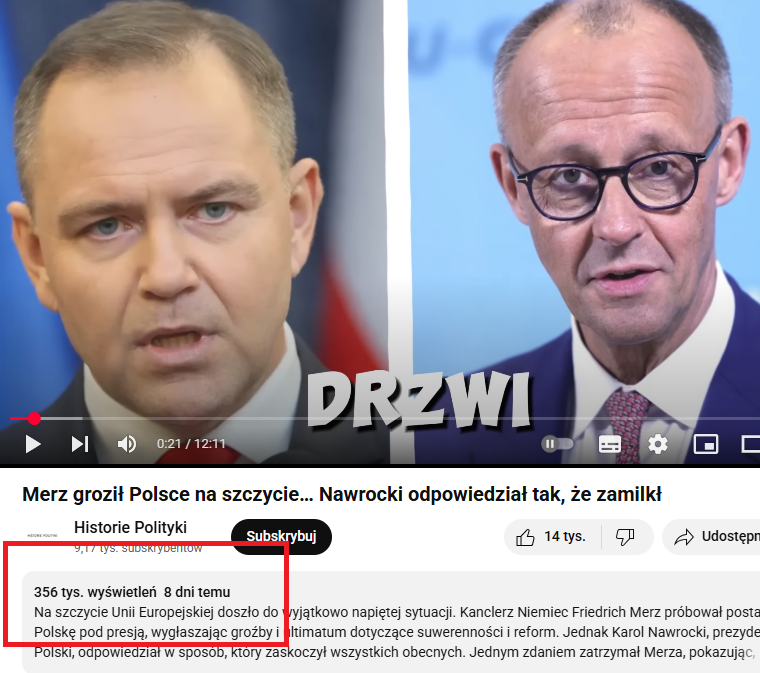Ktoś mógłby się zainteresować tym, że w serwisie youtube jest wysyp fejkowych filmików dot. <a href="/NawrockiKn/">Karol Nawrocki</a> - generowane w AI opowieści nie mające nic wspólnego z rzeczywistością. Wiele kont, niektóre materiały mają setki tysięcy wyświetleń(!)

Właśnie uświadomiłem jedną starszą