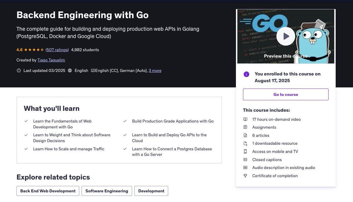 Tiskae1's tweet photo. I am currently working on transitioning from a Frontend Engineer to a Fullstack Software Engineer.

To support this, I’ve started strengthening my proficiency in Golang for backend dev, starting with Tiago Taquelim’s "Backend Engineering with Go" course on Udemy https://t.co/UWqBSTI59G