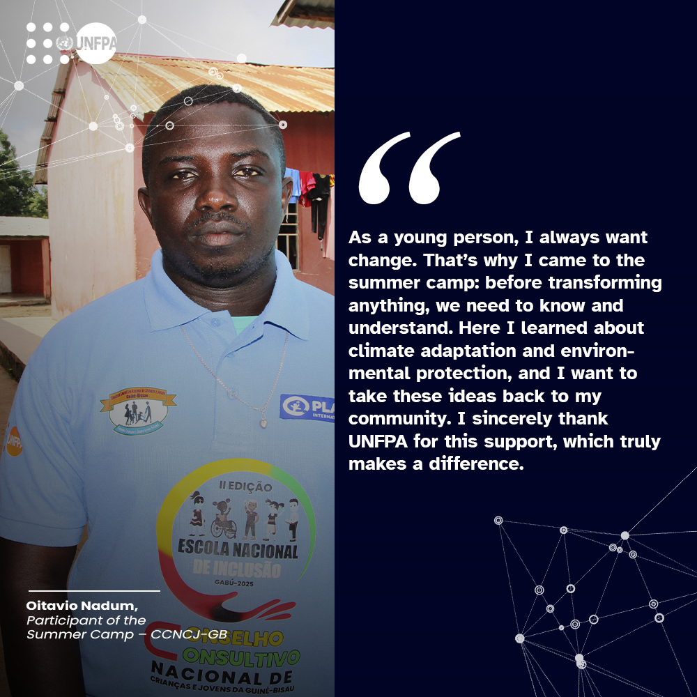 Oitavio Nadum stressed his will for change, learning about climate adaptation and environmental protection. He wants to bring these ideas to his community. Thanks to UNFPA!

#Youth2030
#YouthNow
#YouthLead 
#PutYoungPeopleFirst
#Youth