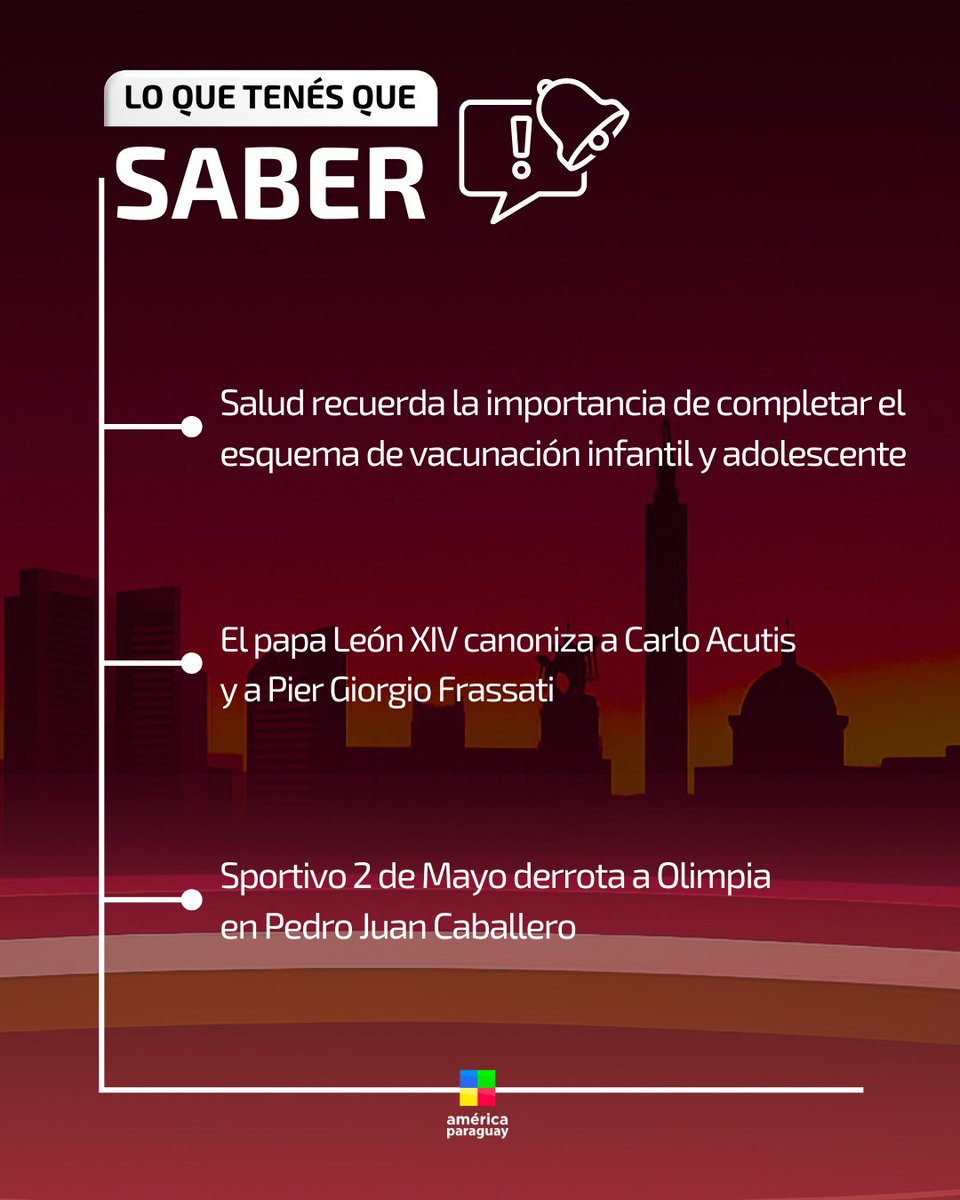 Lo que tenés que saber 🔍

1️⃣ El Ministerio de Salud, a través del Programa Ampliado de Inmunizaciones (PAI), insta a mantener actualizada la libreta de vacunación infantil y a completar el esquema en todas las edades para prevenir enfermedades.

2️⃣ Carlo Acutis, el joven