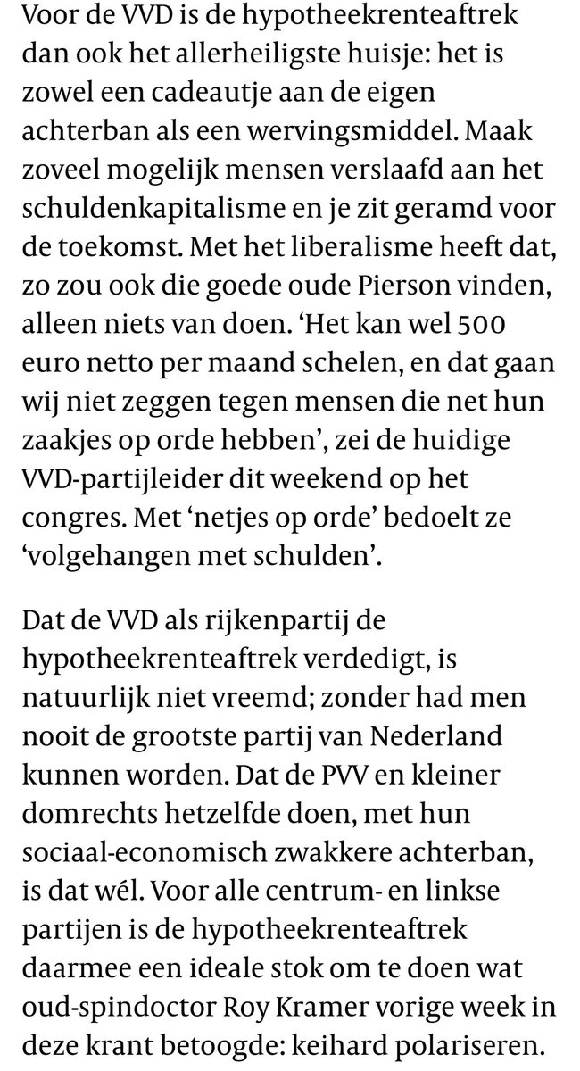 De hypotheekrenteaftrek is geen financieel instrument meer, maar een politiek fetisj. Voor de <a href="/VVD/">VVD</a> hét heilige huisje om kiezers verslaafd te houden aan schuldenkapitalisme, voor de #PVV een middel om sociaal-economisch kwetsbare achterbannen zand in de ogen te strooien.