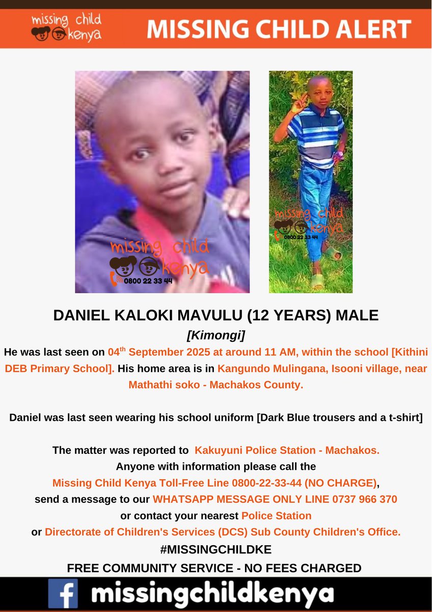 DANIEL KALOKI MAVULU (12 YEARS) MALE #MISSINGCHILDKE