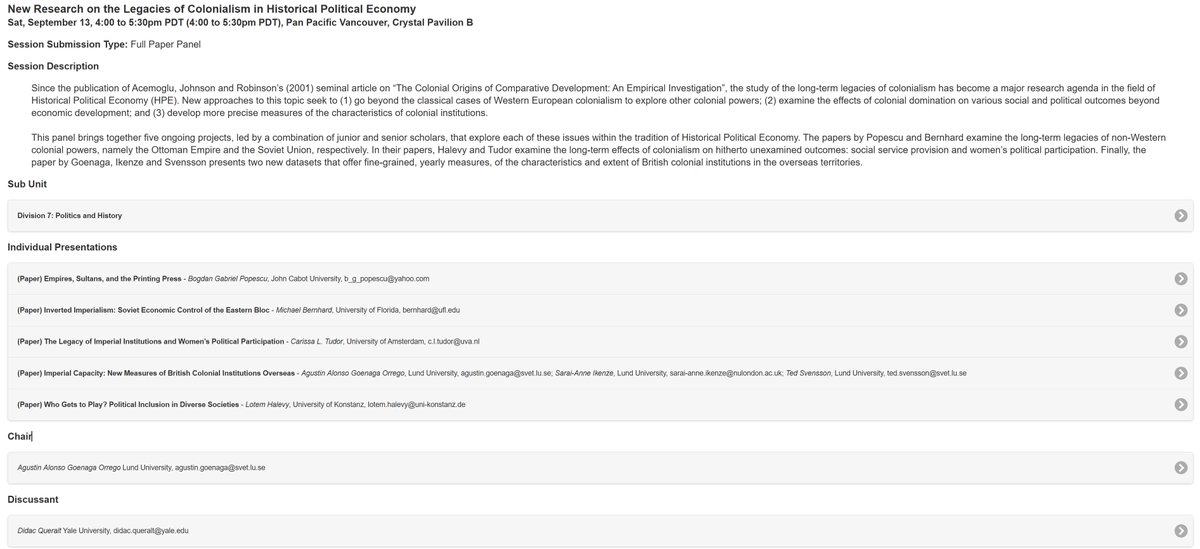 Looking for #APSA panels? Come see ours:
New Research on the Legacies of Colonialism in Historical Political Economy
Sat 9/13 4:00 to 5:30 pm.

Thank you, <a href="/AgustinGoenaga/">Agustín Goenaga</a> , for organizing (what is going to be) an informative and productive panel!
