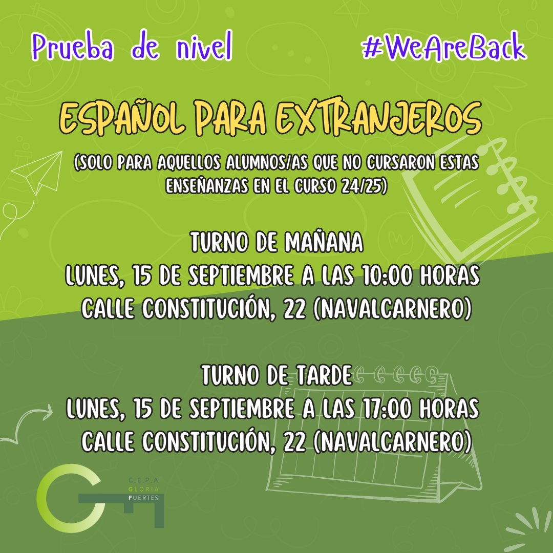 Calendario Pruebas:
- Valoración Inicial del Alumno -VIA- (solo para alumnos/as de ESO que no aportaron certificación académica al formalizar la matrícula)
- Inglés y Español (solo para aquellos alumnos/as que no cursaron estas enseñanzas en el curso 24/25) #WeAreBack #CEPAGF2526